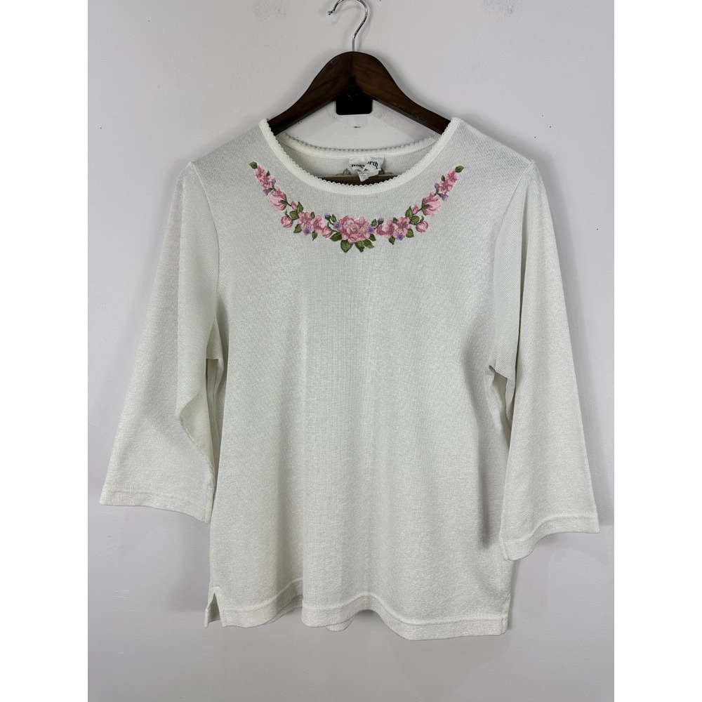 BonWorth‎ Knit Top M White Pink Floral Embroidered Cottage Preppy Modest Grandma